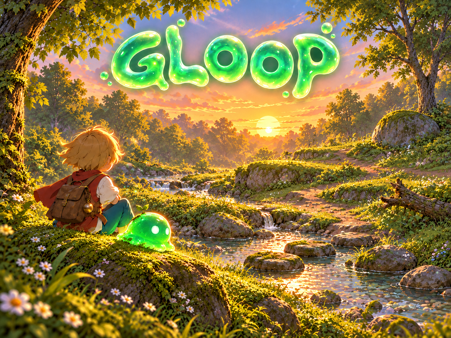 Gloop title artwork above a young adventurer and small glowing green slime beside a woodland creek, stepping stones and low grassy ledges at sunset