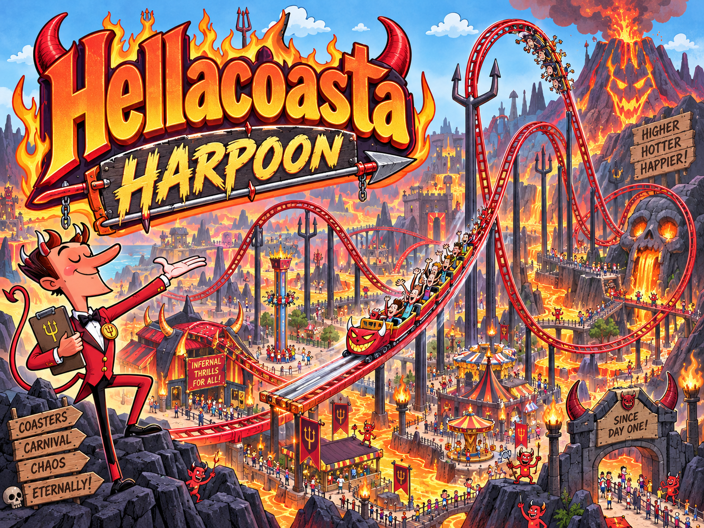 Hellacoasta Harpoon title artwork over a fiery theme park with red roller coasters and a devil host