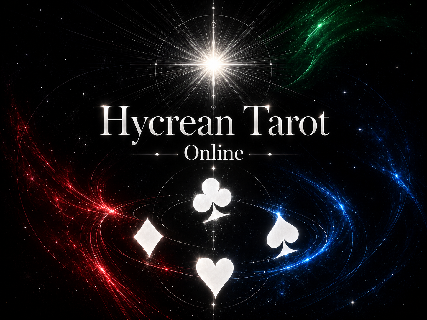 Hycrean Tarot Online title artwork with four white card suits, a starburst, and red, green and blue light trails